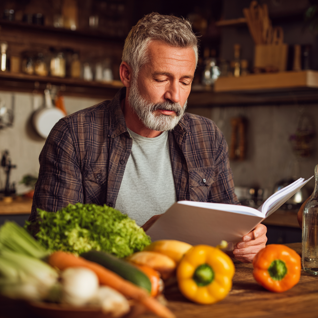 mature man reading nutrition plan at kitchen table with fresh vegetables