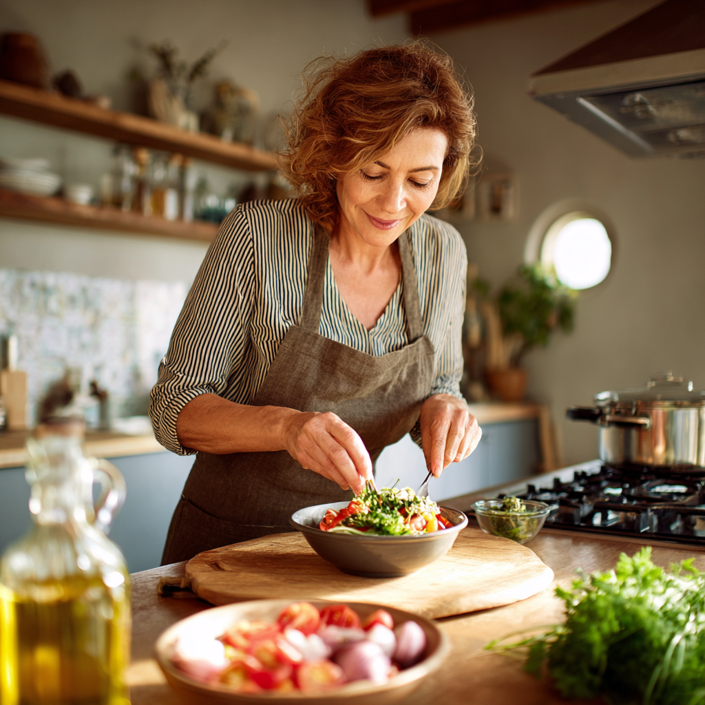 middle-aged woman preparing healthy meal in modern kitchen